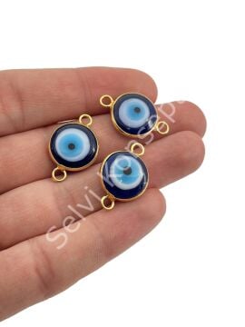 Pirinç Üzeri Altın Kaplama Çift Kulplu Lacivert Murano Nazar Boncuğu 15 mm 10 Adet