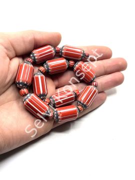 El Yapımı Afrika Chevron Dizi Cam Boncuk Kırmızı-Beyaz 14x24 mm