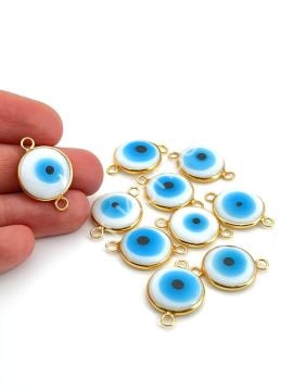 Pirinç Üzeri Altın Kaplama Çift Kulplu Beyaz Murano Nazar Boncuğu 17 mm 10 Adet