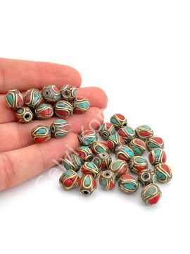 Pirinç İşlemeli Nepal Boncuk Turkuaz-Mercan Taş Kakmalı 8x10 mm