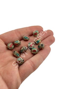 Pirinç İşlemeli Nepal Boncuk Turkuaz-Mercan Taş Kakmalı 8x10 mm
