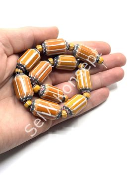 El Yapımı Afrika Chevron Dizi Cam Boncuk Hardal-Beyaz 14x24 mm