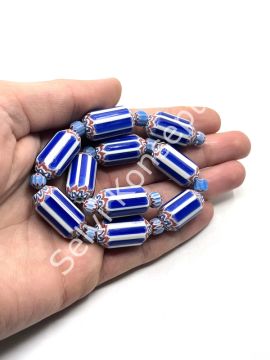 El Yapımı Afrika Chevron Dizi Cam Boncuk Lacivert-Beyaz 14x24 mm