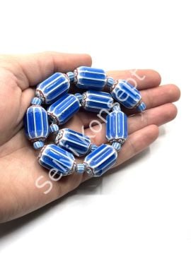 El Yapımı Afrika Chevron Dizi Cam Boncuk Mavi-Beyaz 16x24 mm