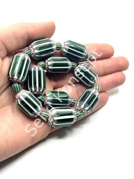 El Yapımı Afrika Chevron Dizi Cam Boncuk Yeşil-Beyaz 16x24 mm