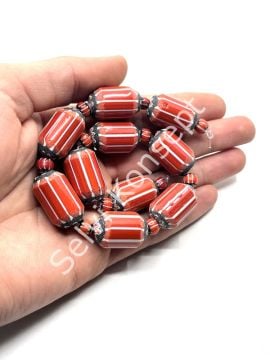 El Yapımı Afrika Chevron Dizi Cam Boncuk Kırmızı-Beyaz 16x24 mm