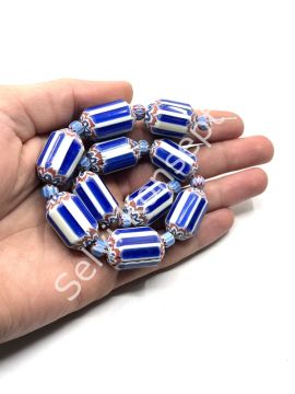 El Yapımı Afrika Chevron Dizi Cam Boncuk Lacivert-Beyaz 16x24 mm