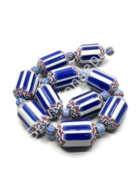 El Yapımı Afrika Chevron Dizi Cam Boncuk Lacivert-Beyaz 16x24 mm