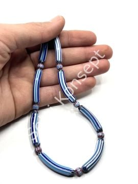 El Yapımı Eğri Afrika Chevron Dizi Cam Boncuk Mavi-Lacivert 6x33 mm