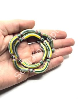 El Yapımı Eğri Afrika Chevron Dizi Cam Boncuk Yeşil-Sarı 6x31 mm