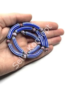 El Yapımı Eğri Afrika Chevron Dizi Cam Boncuk Lacivert-Beyaz 6x33 mm