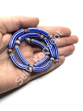 El Yapımı Eğri Afrika Chevron Dizi Cam Boncuk Lacivert-Beyaz 6x33 mm