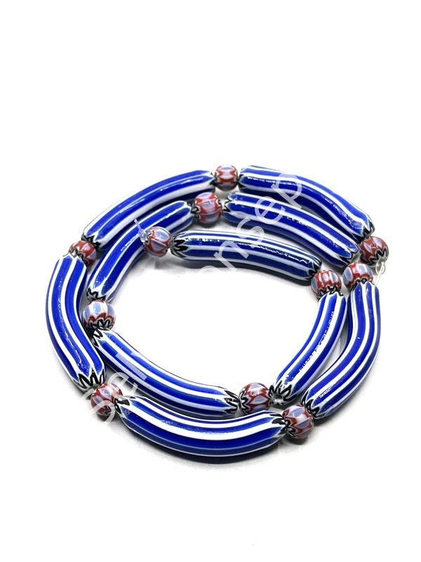 El Yapımı Eğri Afrika Chevron Dizi Cam Boncuk Lacivert-Beyaz 6x33 mm