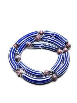 El Yapımı Eğri Afrika Chevron Dizi Cam Boncuk Lacivert-Beyaz 6x33 mm