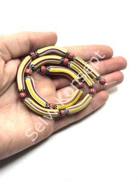 El Yapımı Eğri Afrika Chevron Dizi Cam Boncuk Sarı-Kırmızı 6x33 mm
