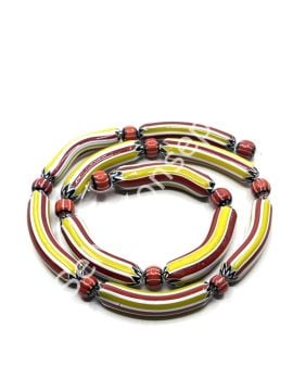 El Yapımı Eğri Afrika Chevron Dizi Cam Boncuk Sarı-Kırmızı 6x33 mm
