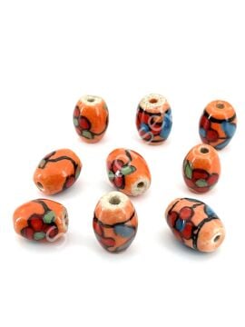 Çiçekli Yuvarlak Seramik Boncuk Turuncu 15x19 mm