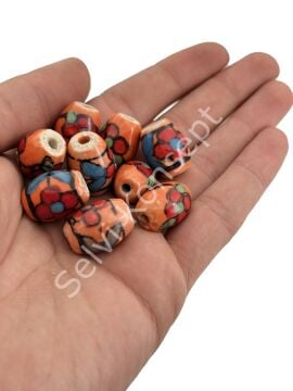 Çiçekli Yuvarlak Seramik Boncuk Turuncu 15x19 mm