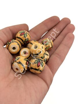 Çiçekli Yuvarlak Seramik Boncuk Hardal 16 mm