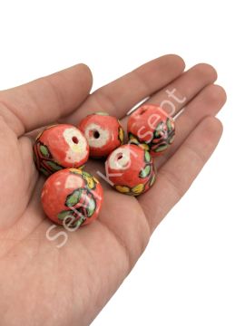 Çiçekli Yuvarlak Seramik Boncuk Kırmızı 23 mm