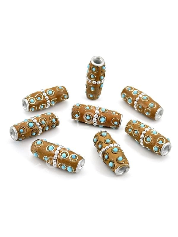 İşlemeli Otantik Boncuk Silindir Açık Kahve 10x26 mm 10 Adet