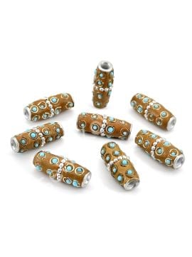 İşlemeli Otantik Boncuk Silindir Açık Kahve 10x26 mm 10 Adet