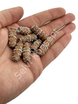 İşlemeli Otantik Boncuk Silindir Koyu Kahve 10x26 mm