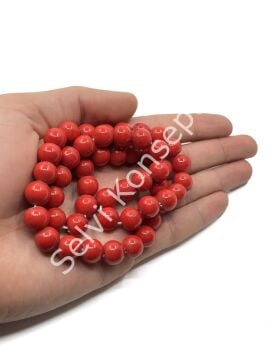 El Yapımı Parlak Yuvarlak Dizi Cam Boncuk Kırmızı 10 mm