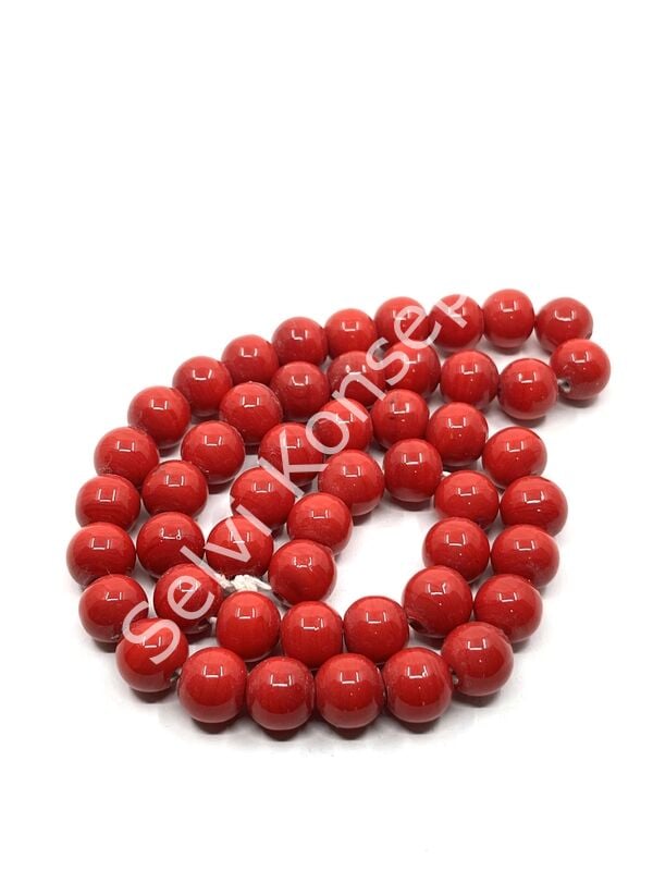 El Yapımı Parlak Yuvarlak Dizi Cam Boncuk Kırmızı 10 mm