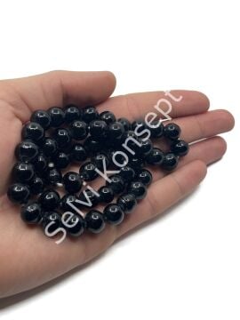 El Yapımı Parlak Yuvarlak Dizi Cam Boncuk Siyah 10 mm