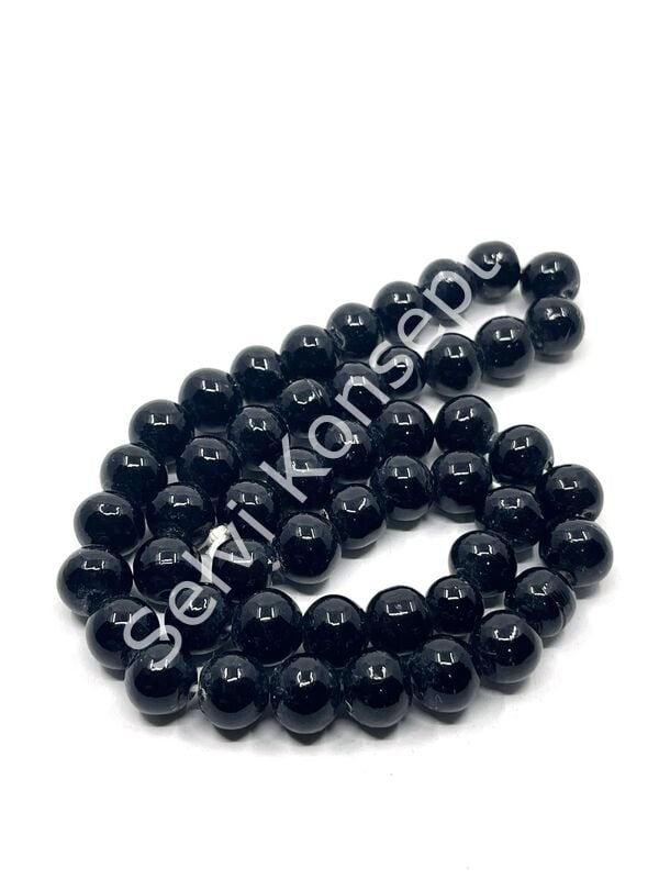 El Yapımı Parlak Yuvarlak Dizi Cam Boncuk Siyah 10 mm