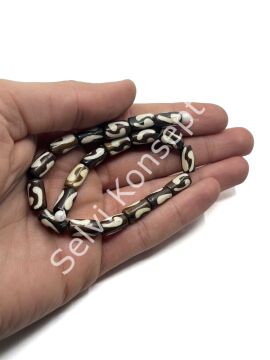 El Yapımı Etnik Desenli Silindir Dizi Tibet Boncuk  Kahverengi  7x12 mm