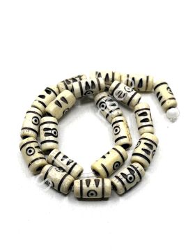 El Yapımı Etnik Desenli Silindir Dizi Tibet Boncuk Krem 7x12 mm