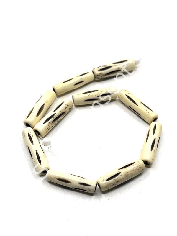 El Yapımı Etnik Desenli Silindir Dizi Tibet Boncuk Krem 6-7x23 mm