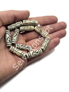 El Yapımı Etnik Desenli Silindir Dizi Tibet Boncuk  7x24 mm