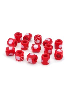 El Yapımı Beyaz Benekli Kırmızı Murano Silindir Cam Boncuk