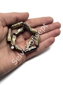 El Yapımı Etnik Desenli Silindir Dizi Tibet Boncuk Kahverengi 8x24 mm