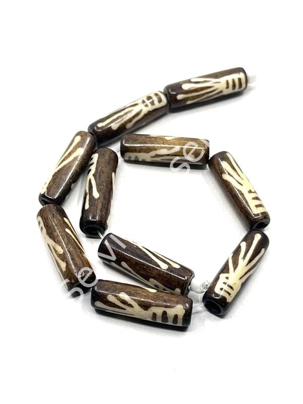 El Yapımı Etnik Desenli Silindir Dizi Tibet Boncuk Kahverengi 8x24 mm