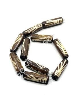 El Yapımı Etnik Desenli Silindir Dizi Tibet Boncuk Kahverengi 8x24 mm