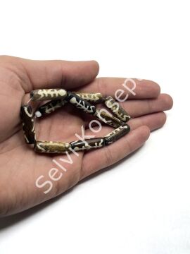 El Yapımı Etnik Desenli Silindir Dizi Tibet Boncuk Kahverengi 8x24 mm