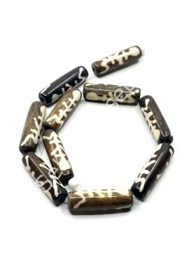 El Yapımı Etnik Desenli Silindir Dizi Tibet Boncuk Kahverengi 8x24 mm