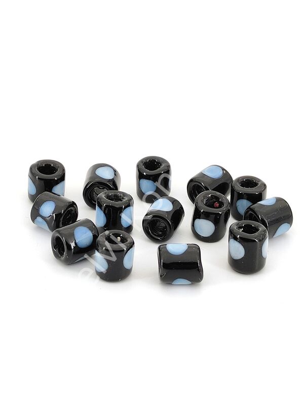 El Yapımı Beyaz Benekli Siyah Murano Silindir Cam Boncuk