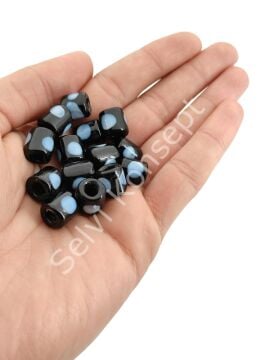 El Yapımı Beyaz Benekli Siyah Murano Silindir Cam Boncuk