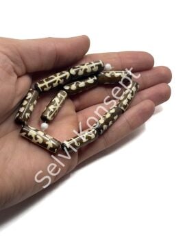El Yapımı Etnik Desenli Silindir Dizi Tibet Boncuk Kahverengi 8x24 mm