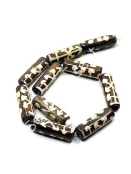 El Yapımı Etnik Desenli Silindir Dizi Tibet Boncuk Kahverengi 8x24 mm