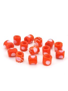 El Yapımı Beyaz Benekli Turuncu Murano Silindir Cam Boncuk