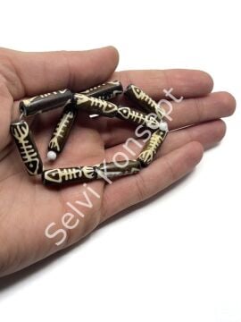 El Yapımı Etnik Balık Desenli Silindir Dizi Tibet Boncuk Kahverengi 8x24 mm