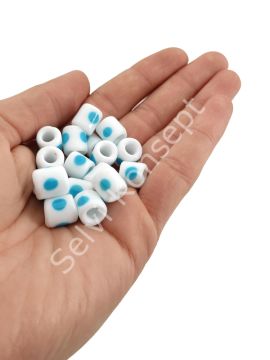 El Yapımı Mavi Benekli Beyaz Murano Silindir Cam Boncuk