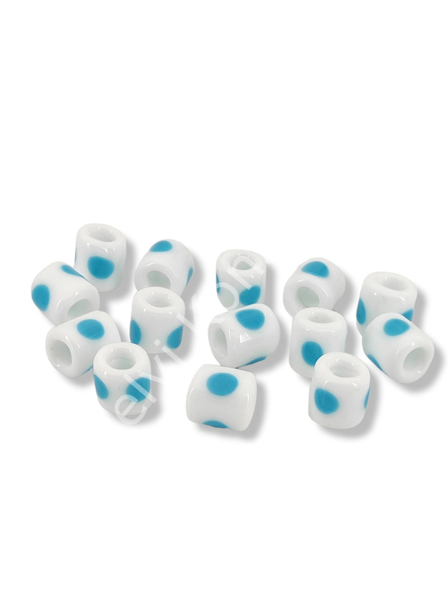 El Yapımı Mavi Benekli Beyaz Murano Silindir Cam Boncuk