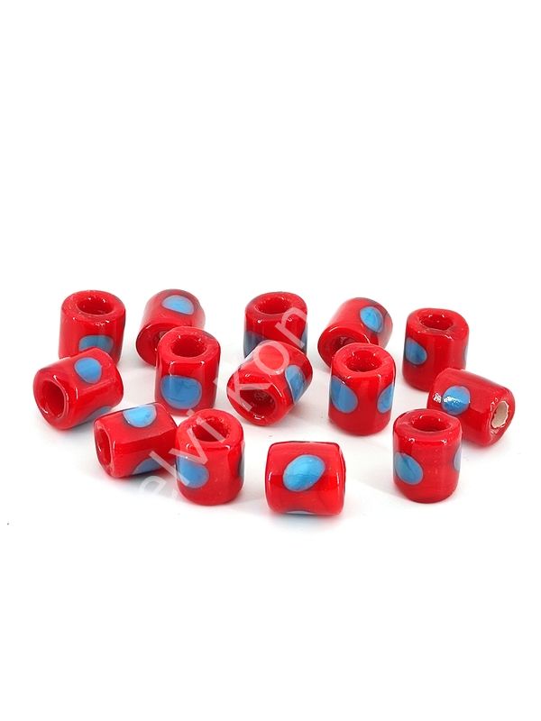 El Yapımı Mavi Benekli Kırmızı Murano Silindir Cam Boncuk